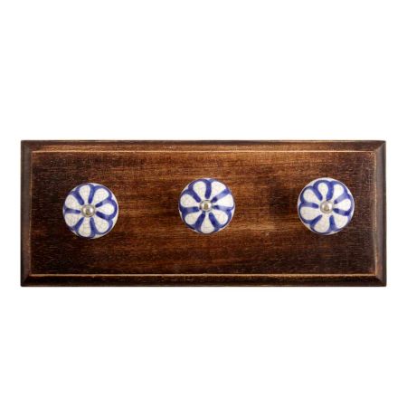 Navy Blue Floral Crackle Ceramic Wooden Hooks